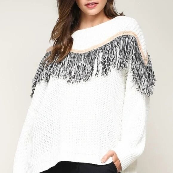 Mustard Seed Ivory Fringe Western Chunky Knit Oversized Boxy Rodeo Sweater Med - Picture 1 of 8
